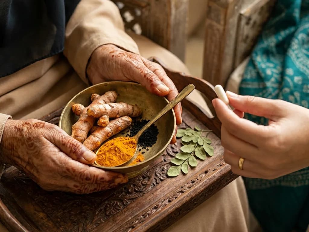 يد جدة تمسك الكركم والحبة السوداء، ويد شابة تمسك كبسولة